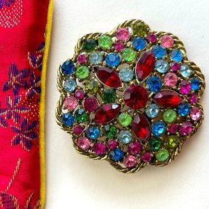 Weiss Multicolored Rhinestone pin, gold toned, large and domed